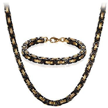 JewelryWe Halskette Armband 2er Set Herren: Gold Schwarz Edelstahl 8mm Breite Königskette Byzantinische Ketten Set von Halsketten und Armketten Männer Dick Schwer Kette Hip Hop Punk Schmuck 24 Zoll