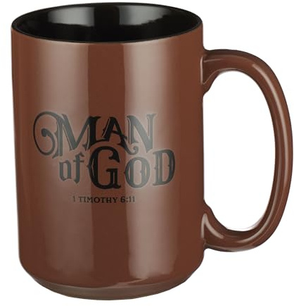 Christian Art Gifts Brown Ceramic Coffee Mug – 14 oz. Microwave and Dishwasher-safe Inspirational Scripture Coffee and Tea Mug for Men, Dads, and Pastors with Bible Verse: Man of God – 1 Timothy 6:11