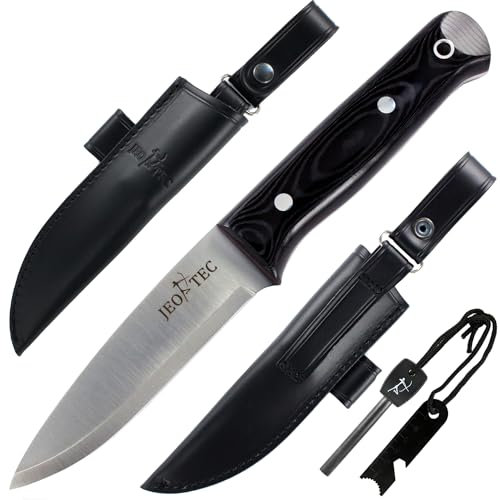 JEO-TEC Nº18 Outdoor Camping Gürtelmesser Jagdmesser Überlebensmesser Survival Bushcraft Messer, Stahl Sandvik 14C28N, Lederscheide + Feuerstahl