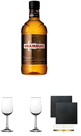 Drambuie Whiskylikör 0,7 Liter + 2 Bugatti Nosing Gläser + 2 Schiefer Glasuntersetzer eckig ca. 9,5 cm Ø
