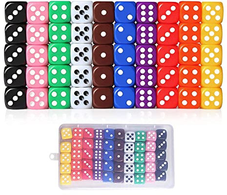 Lvcky 50Pcs 6 Sided Bright color Dices Dotted Dice Game Set With Velvet Bag Bar KTV Party Math tutoring 16mm Mixed Color Great alternative to standard game dice