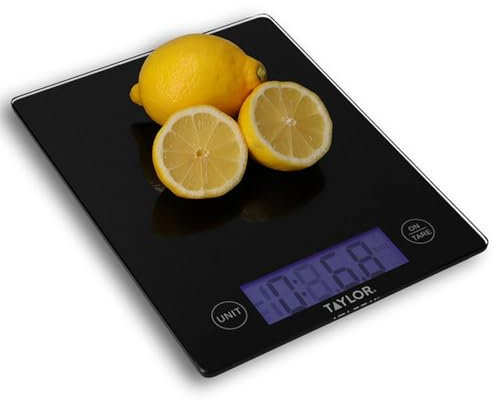 Taylor Digital Kitchen Food Scales with Glass Platform, Highly Accurate with Tare Function and Precision, Extra Large LCD Screen, Black Weighs 5 kg / 5,000 ml Capacity