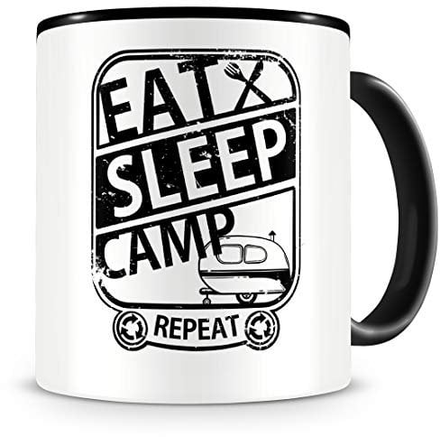 Samunshi® Camper Tasse mit Spruch Eat Sleep Camp Repeat Geschenk für Camper Kaffeetasse groß Lustige Tassen zum Geburtstag schwarz 300ml