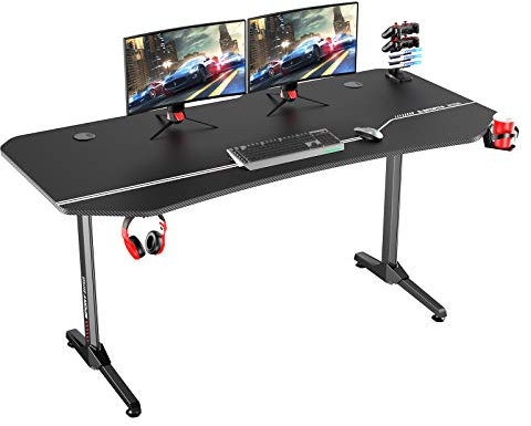 DlandHome Gaming Tisch 160cm Ergonomischer Gaming Schreibtisch Groß PC Tisch Gaming Desk mit Große Mausunterlage, Gamer Computertisch mit USB Spielegriff Rack, Getränkehalter & Kopfhörerhaken