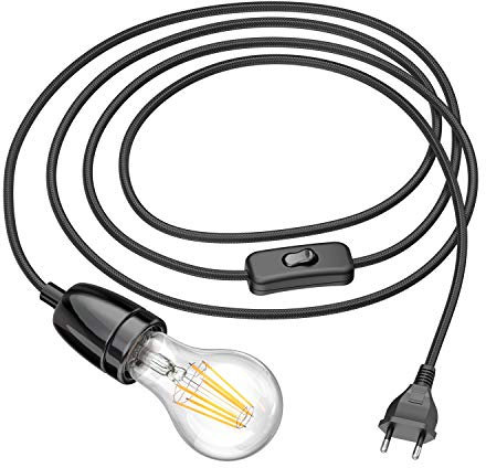 ledscom.de Textilkabel LEHA II mit Stecker, Schalter und E27 Porzellan-Fassung, schwarz, 3 m, inkl. LED Leuchtmittel 1600lm warmweiß