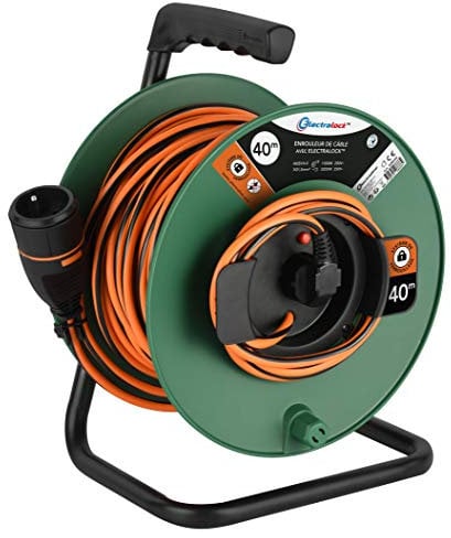 Electraline 208666 Rallonge Prolongateur Jardín avec Enrouleur 40M 3G1.5mm Femelle Français Electralock équipée d'un système de Verrouillage Qui empêche la déconnexione fiche-Prise, Noir/Orange