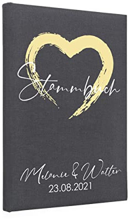 Hochzeitideal – Personalisiertes Stammbuch der Familie Ally grau - 21,0 cm x 15,0 cm - Buchbinderleinen Stammbuch Hochzeit - Familienbuch Standesamt mit 6-Fach Ringmechanik und 4 Folien