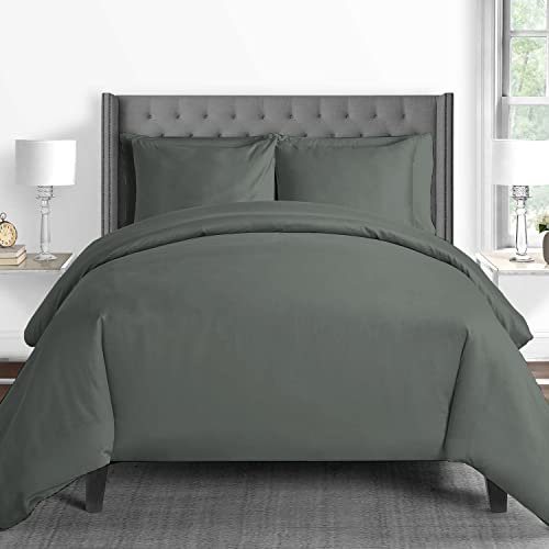 Pizuna 600 Fadenzahl aus Baumwolle Bettwäsche Dunkelgrau, 100% Langstaple Baumwolle Bettbezug und Kissenbezug, 100% Baumwolle Mako Satin 3-Teilig Bettwäscheset 155x200 + 80x80 Dunkelgrau