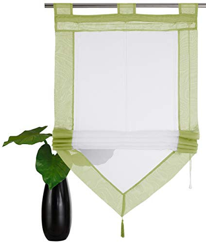 Devola Voile transparent Scheibengardinen mit zweifarbigen Design mit Quaste Fenster Gardinen Panneaux mit Tunnelzug Gardine HxB 140x100cm Grün 1er Pack