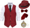 Gionforsy 20er Jahre Herren Weste Kostüm Zubehör Set mit Hut Weste Fliege Krawatte Taschenuhr Gangster Accessoires Set für Great Gatsby Mottoparty Halloween Karneval Fasching (Streifen Weinrot, XL)