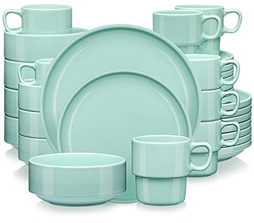 LOVECASA Juego de Vajillas Redondos de 32 Piezas, Vajilla de Porcelana, Cada Una con 8 Cuencos, 8 Tazas, 8 Platos de Postre y 8 Platos de Cena, Verde Cian