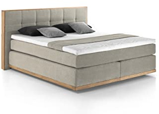 Mivano Levana Boxspringbett mit Sockel aus Eiche, 7-Zonen-Federkern, Matratzen H2 + Topper Basic, Chenille, Beige, Liegefläche 160 x 200 cm