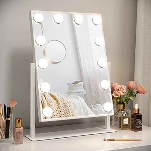 Dripex Hollywood LED Vanity Mirror, 36.5 x 47 cm Lighted Makeup Mirror with 12 Dimmable Bulbs, 360°Rotation, 3 Color Lighting Modes, Touch Screen Control, Light up Dressing Table Mirror for Bedroom