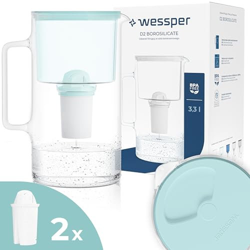 Wessper Carafe Filtrante en Verre avec Deux Cartouche Anti Calcaire, Carafe d'eau Capacité de 3 L, Filtres eau Compatible avec Brita Classic, Dafi Classic, Menthe