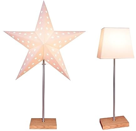 EGLO Tischlampe mit Wechselschirm, 3D Papierstern Weihnachten oder eckiger Lampenschirm in Weiß mit Fuß aus Holz und Metall, Dekostern Tischleuchte mit Kabelschalter, E14, Höhe 65 cm