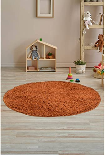 Modern Style Rugs Cosy Shaggy Plain Circular Rug, Terracotta Brown, High Pile Rugs for Living Room,Bedside, 67x67cm (2ft 2 inch x 2ft 2 inch)