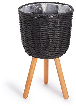 Paco Home Pot De Fleurs Cache-Pot De Plantes Grand Bac Intérieur Osier Tressé Bois, Couleur:Noir, Sets:2pcs Set/Design 3