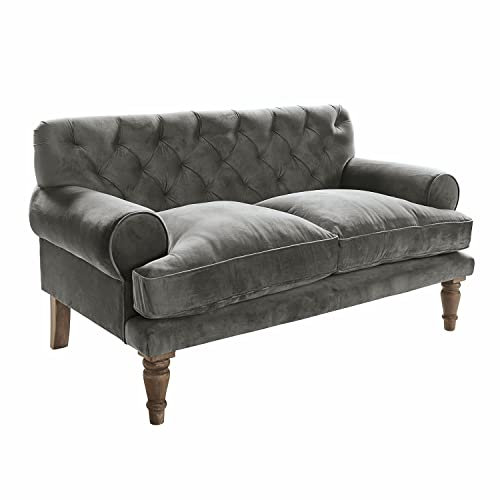 Loberon Sofa Carme, Chesterfield Steppung, weiche Haptik, Elegante Optik, abnehmbare Sitzpolsterbezüge, Sitzmöbel, Mangoholz, Polyestersamt, Polyester, grau