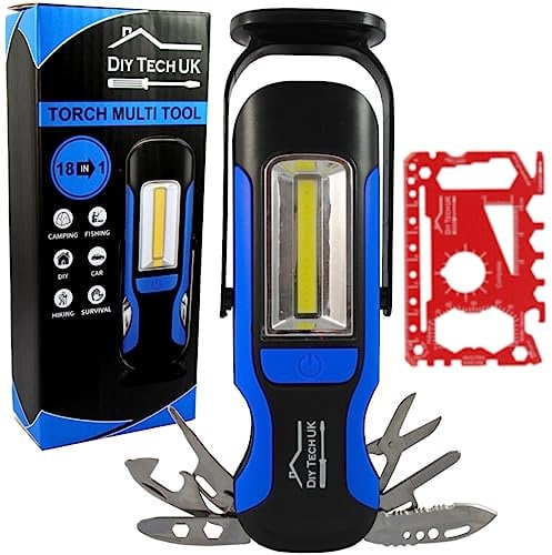DIY TECH UK - 18 in 1 Torch Multi Tool Gifts for Men + Free 48 in 1 Wallet Tool - 300 Meter Beam - Mens Gifts for Christmas - Dad Him Boyfriend Birthday Who Have Everything Women Adult Gadgets - Blue