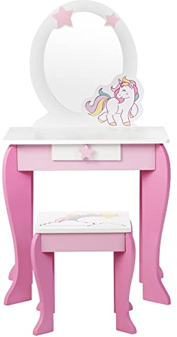 GYMAX Set Toeletta Bambina, Tavolo in Legno con Specchio e Sgabello, un Cassetto, per Camera da Letto e Soggirono, Stile Principessa (rosa)