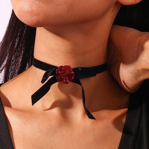 Wendalern Gothic Black Velvet Choker Necklace Classic Red Rose Flower Choker 3D Resin Floral Collar Necklace Vintage Bow Flower Velvet Ribbon Choker Chain Necklace Cosplay Jewelry for Women Girls