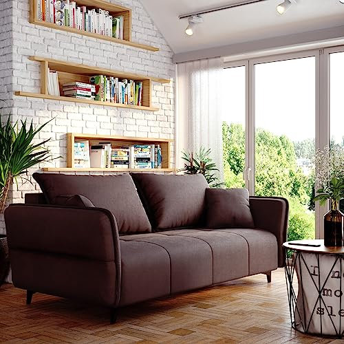 Sofa Isabell mit Bettkasten Schlafsofa Polstersofa mit Schlaffunktion Klappsofa Couch mit Schwarzen Füßen Sofagarnitur Wohnzimmer Gastzimmer (Sofa, Braun)