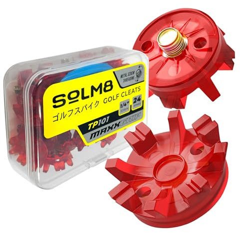 SOLM8 - Golf Shoe Cleats Metal Screw Threading Dia ¼ Inch Easy to Install on Golf & Cricket Spike Shoes (Ruby Red)