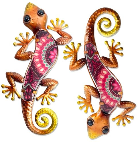 HONGLAND Metall-Wanddekoration für den Außenbereich, 2 Stück, Gecko-Wanddekoration, Eidechse, Metall, hängende Wandkunst, Glas-Skulptur für Garten, Hof, Terrasse, Zaun (rot)