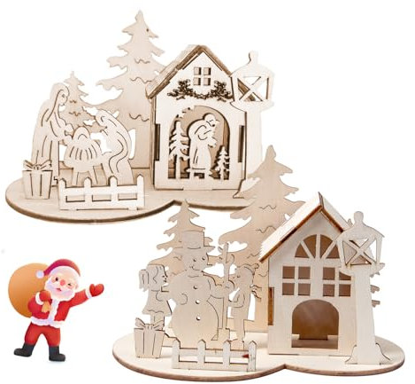 Canzoon Weihnachtshaus Holz 2 Stücke Holzhaus Deko Weihnachten Miniatur Haus Deko Holz Bastelbedarf Holz Holzbasteln für Kreiere deine eigenen Weihnachtsdekorationen Kinder Geschenke