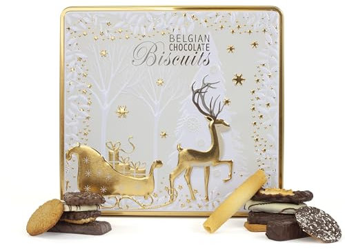 Belgian Biscuits Tin - Christmas Biscuit Tins, Gift Set with Belgian Chocolate Biscuits Selection, Novelty Christmas Biscuit Box - Festive Tins of Chocolates Gifts for Women & Men