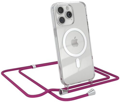 EAZY CASE - Handykette kompatibel mit iPhone 15 Pro Max Kette zum Umhängen Stoßfest Handyhülle für iPhone 15 Pro Max Silikon Hülle mit Band Handytasche Transparent als Fallschutz in Pink