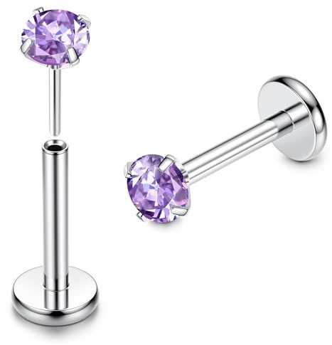 Adramata G23 Titan Lippenpiercing Labret Piercing 16G Threadless Push-in Tragus Piercing CZ Ohrpiercing Schmuck für Monroe/Medusa/Helix/Tragus Ohrring–Nasenpiercing Stecker für Damen Herren(2Pcs),5