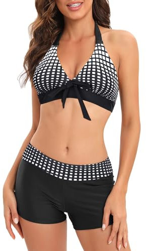 PONCEAU Women's Bikini Set Two Piece Swimsuit - Halter Neck Bathing Suit V Neck Padded Bikini with Shorts Bathing Suits Swimsuits