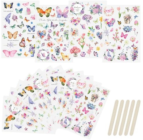 WANDIC Transferaufkleber zum Aufreiben, 16 Blatt Schmetterlinge, DIY, Transferaufkleber, wasserdichte Blumen, Scrapbook-Aufkleber für Kartenherstellung, Grußkarten, Geschenkverpackungen,