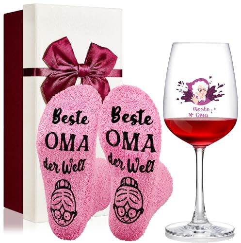 Blulu Set de Regalo para Abuela 1 Copa de Vino con Caja y 1 Calcetines de Abuela Divertidos Copa de Vino con Grabado de Beste Oma Regalo para Abuela Cumpleaños Día de Madre Día de San Valentín
