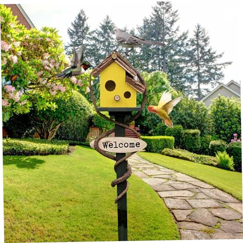 Birdhouses for Outdoors with Pole, 27.6 inch Tall Wood Bird House, Cottage Birdhouse Stand, Decorative Bird House Garden Stake for Lawn Yard Yellow|Birdhouses