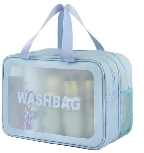 SZDPC Grande Trousse de Toilette pour Femme et Homme, Trousse de Toilette de Voyage avec Poignée de Transport, Sac de Douche Translucide Mat, Trousse de Toilette à 2 Compartiments (Bleu-XL)