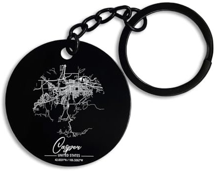 ENTROPIJA Casper United States Coordinates City Map Runder Schlüsselanhänger & Schlüsselbund Pin Anhänger Schwarz Stah