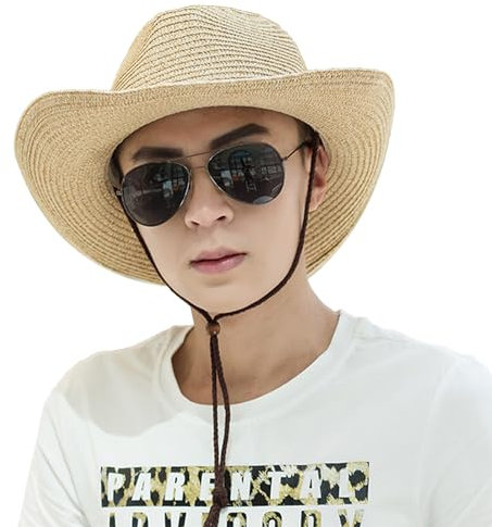FakeFace - Sombrero de pajita para adulto, unisex, para adulto, diseño de vaquero occidental, para hombre, mujer, con borde ancho y antirrayos UV, para adultos al aire libre, beige, Talla única
