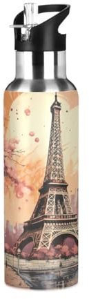 Tour Eiffel De Style Européen Bouteille d'eau Isotherme avec Paille en Acier Inoxydable Gourde, Sans BPA Gourdes Eau pour Enfant Sport Randonnée École Bureau (600ml/1L)