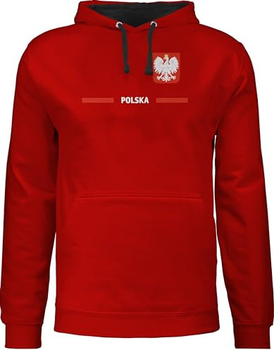 Pullover Herren Frauen Hoodie Kontrast zweifarbig - Fußball EM WM - Polen Trikot Wappen | Polska mit Stolz | Polnisches Fan-Motiv - L - Rot/Schwarz - soccer hoodies europameisterschaft polnisch