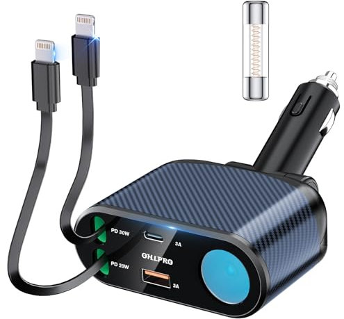 OHLPRO Retrattile Caricabatterie Auto,5 in 1 Adattatore Presa Accendisigari USB C Splitter 168W Ricarica Rapida Caricatore Auto Sdoppiator,Carica Batteria compatibile con iPhone, Cellulare,Samsung,GPS