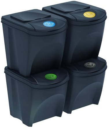 WELL HOME - Set de 4 cubos de basura-papelera reciclaje, antracita, 4x 25L