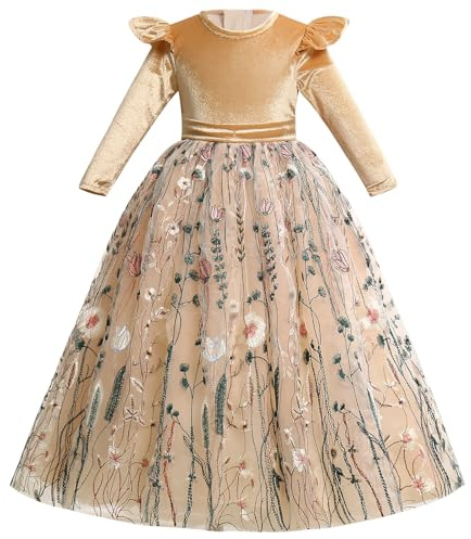 Fall Winter Flower Girls Dresses Velvet Dress Xmas Long Sleeve Floral Embroidery Princess Tulle Dress Party Birthday Formal Dance