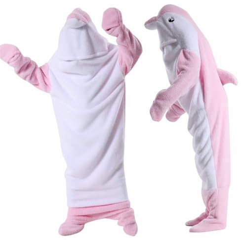 Deserthome Hai-Decken-Einteiler für Erwachsene, tragbare Hai-Decke, Hoodie, super weich, bequem, warm, Hai-Kostüm für Cosplay, rosa Delphin, Größe XXL