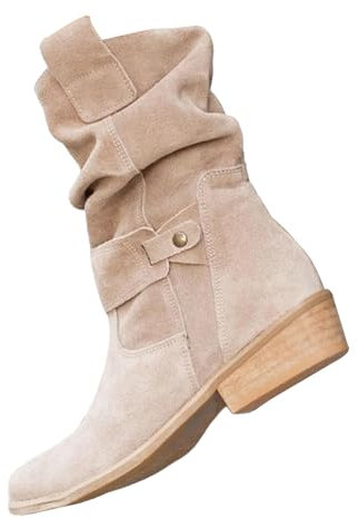 Bottines larges en daim pour femme | Bout pointu à talon bas Bottes mi-mollet à enfiler avec boucle - Bottes de marche confortables et légères, beige, 37.5 EU