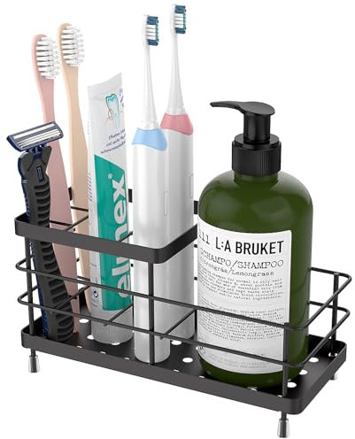 Luxspire Zahnbürstenhalter, 6 Schlitze Edelstahl Zahnbürstenhalter mit Abfluss, Zahnbürstenhalter für Badezimmer Arbeitsplatte & Küchenspüle, Badezimmer Zubehör, Schwarz