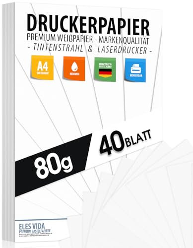 Druckerpapier A4 80g weiß – 40 Blatt - PREMIUM PAPIER Reinweiß - DIN A4-21 x 29,7 cm - Kopierpapier, Laserdrucker & Tintenstrahl für Uni, Fotografie, Präsentationen Ideal für Büro & Office