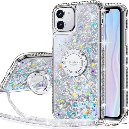 Miss Arts für iPhone 12 Pro/12 Hülle, [Silverback] Mädchen Glitzer Handyhülle Hülle mit Ringständer, Cover Silikon Flüssigkeit Clear Schutzhülle für iPhone 12/12 Pro 6.1 -Silber