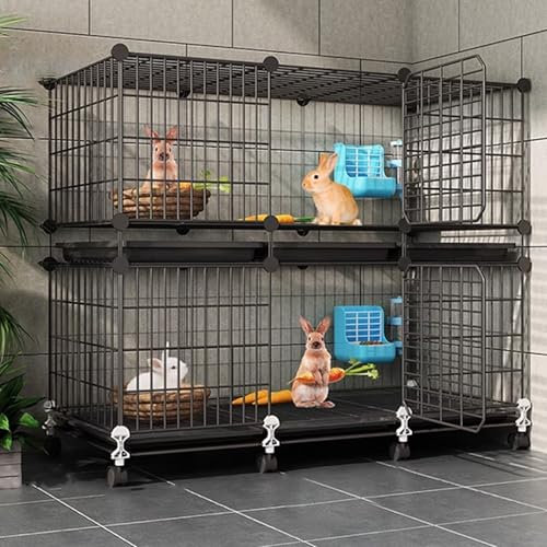 Kaninchenstall Groß Indoor mit Rädern, Unabhängiger Raum auf Mehreren Ebenen, Metallrahmen, mit Tablett, Hasenstall Innen & Draußen(Black,107 * 37 * 90cm)